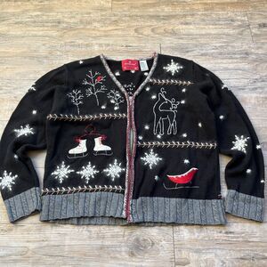 Ugly Christmas Sweater Holiday Birds Medium Black Red White Vintage 90s